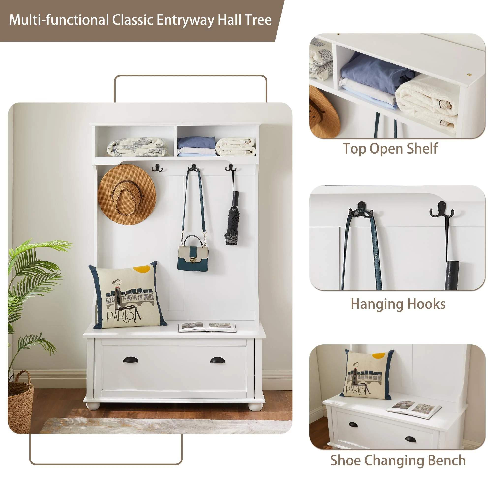 Smuxee Modern Entryway Hall Tree Bench with Coat Rack with Shoe Cabinet, Open Shelf, White