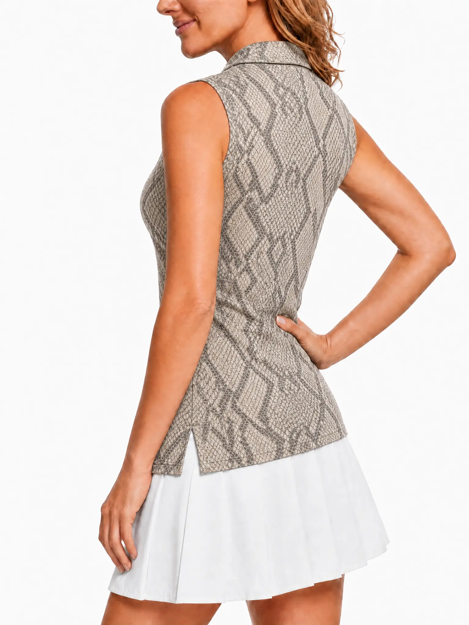 Women Sleeveless Quick Dry Golf Polo Shirt, Light Grey Snake Skin Print
