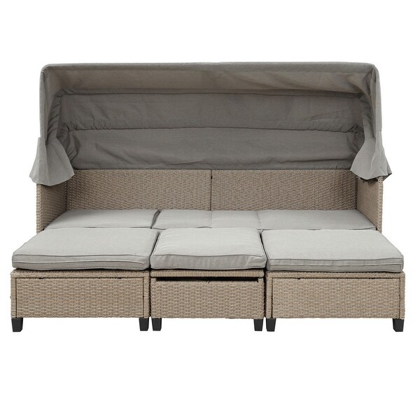 4 Piece Wicker Patio Sofa Set with Retractable Canopy and Lifting Table