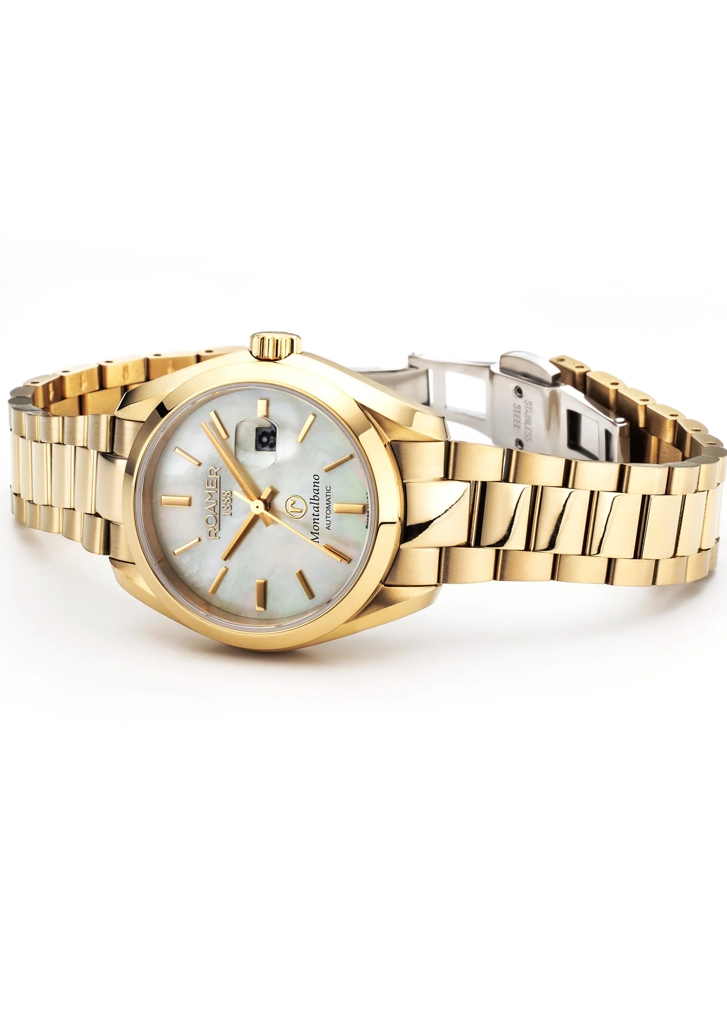 Montalbano Ladies 31mm Automatic Three-Hand Date Champagne Dial Gold Bracelet Sapphire glass Stainless Steel swiss watch