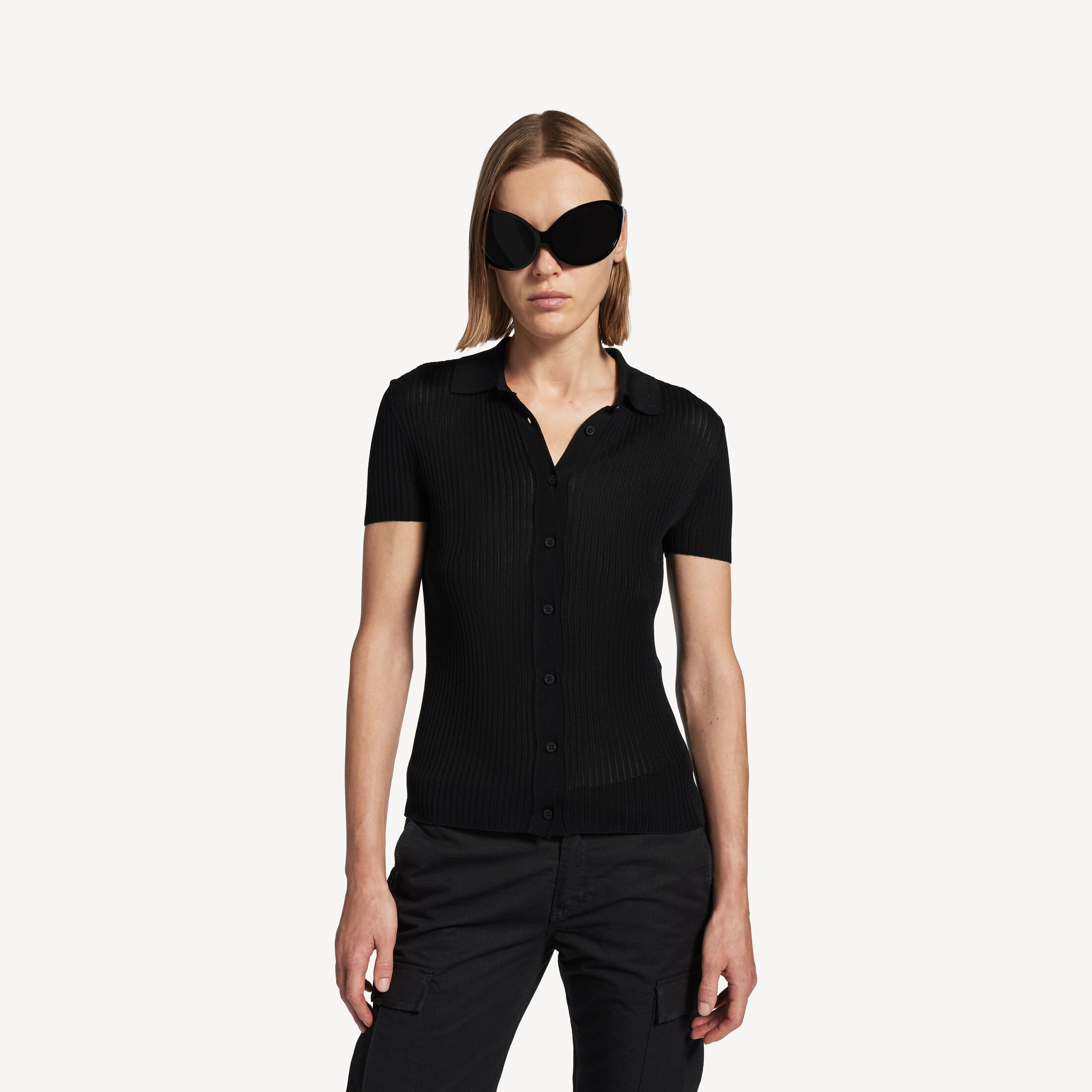 BALENCIAGA WOMEN'S SHORT SLEEVE SHIRT IN BLACK Short Sleeve Shirt in black thin viscose cotton ribs knit in Women