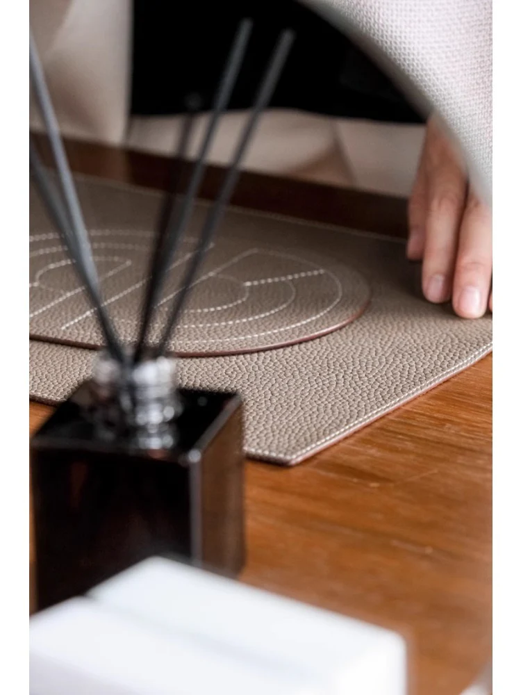 DC078 (Set) - Calfskin Elephant Gray Outer Stitching Dining Mat Table Mat Cup Mat Tea Tray (Set of Three)