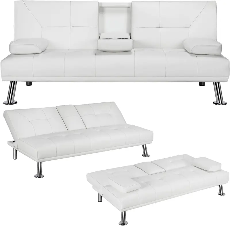 Yaheetech Convertible Sofa Bed – Adjustable Faux Leather Recliner with Removable Armrests, Cup Holders, 3-Position Settings & 772 lb Weight Limit