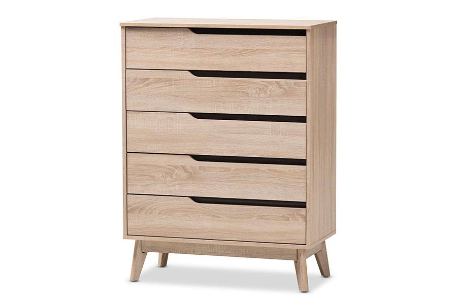 Baxton Studio Fella 5-Drawer Chest, Oak Brown/Grey