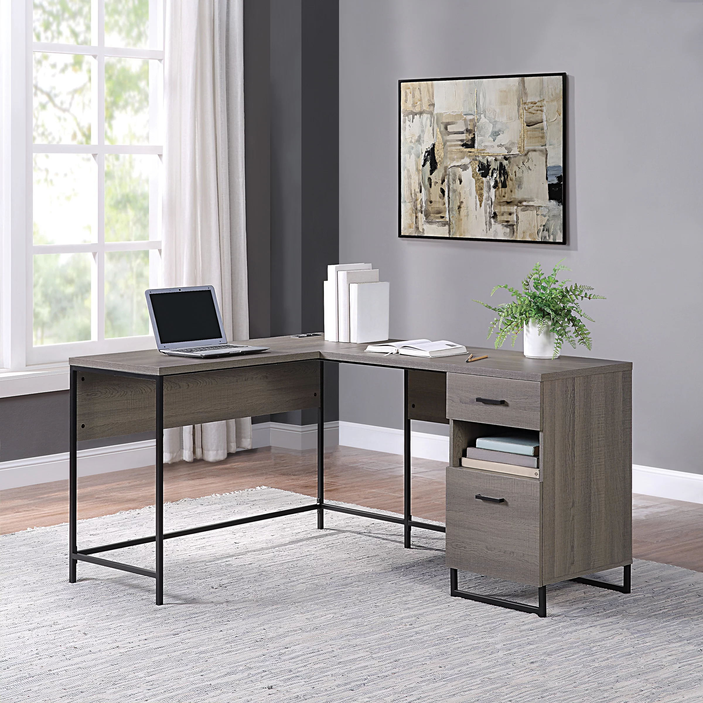 Hagney Lane L-Shape Desk in Farm Oak Engineered Wood with Power and Storage