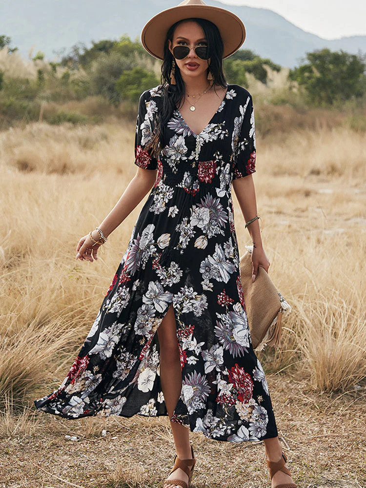 Floral Print Maxi Dress with V-Neck & SlitClistos