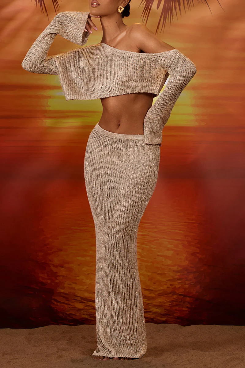 Flare Sleeve Crop Top Knit Slim Fit Maxi Skirt Matching Set - BrownClistos