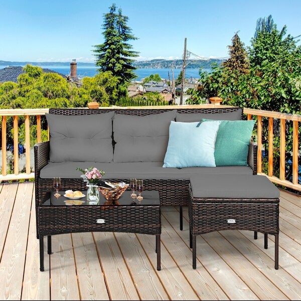 Costway 3PCS Patio Rattan Furniture Set 3Seat Sofa Cushioned Table