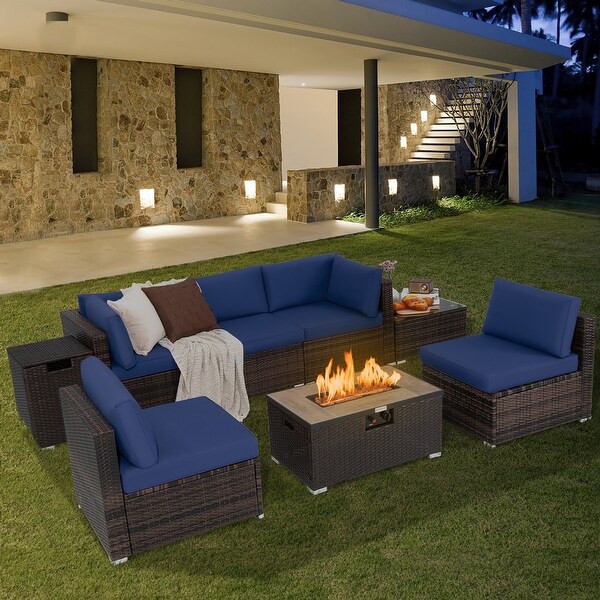Costway 8PCS Patio Rattan Furniture Set Fire Pit Table Tank Holder