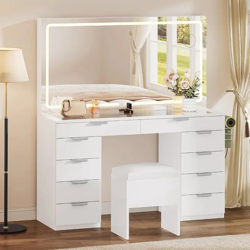 YITAHOME LED Vanity Desk Set – 10-Drawer Makeup Station with Adjustable Mirror, Matching Stool, and Modern Design