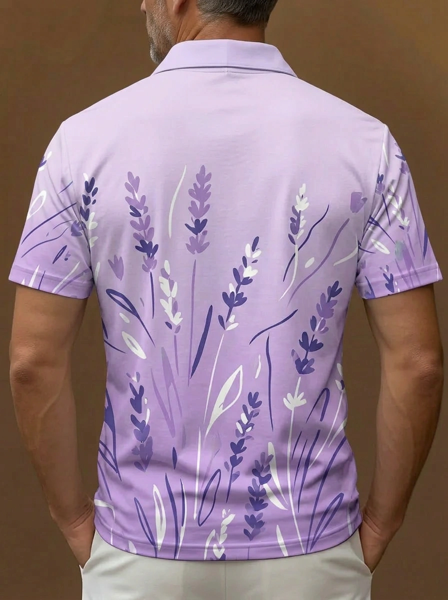 Lavender Purple Lavender Floral Print Short Sleeve Golf Polo Shirt