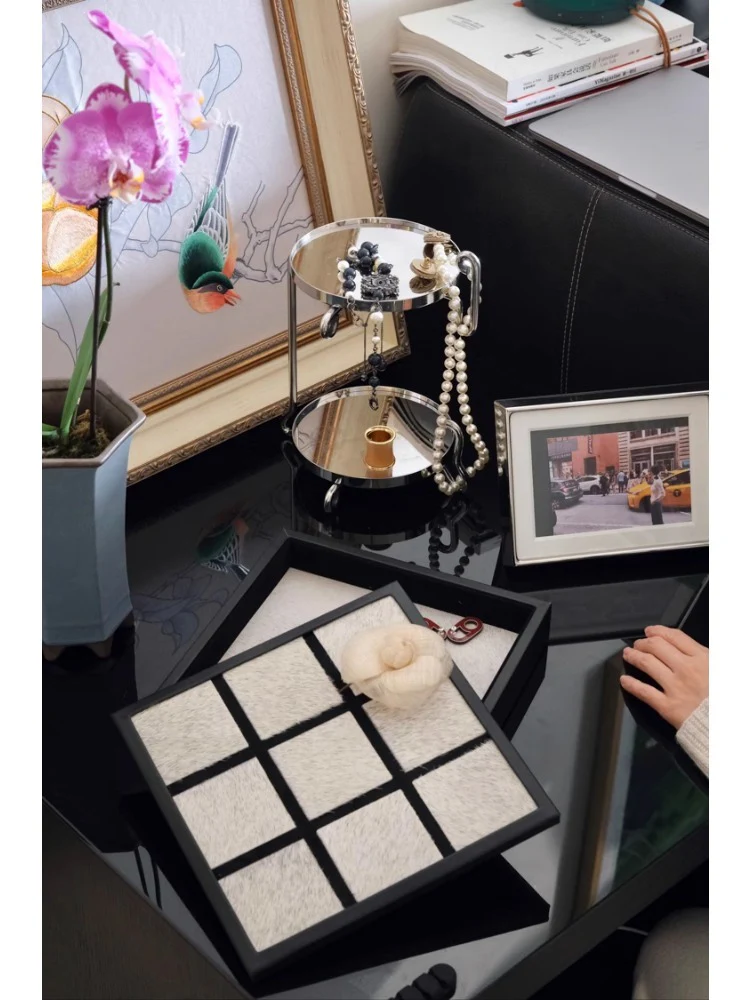 DC104 - Genuine cowhide! CH@NEL vintage chessboard pattern entrance table with lid jewelry box