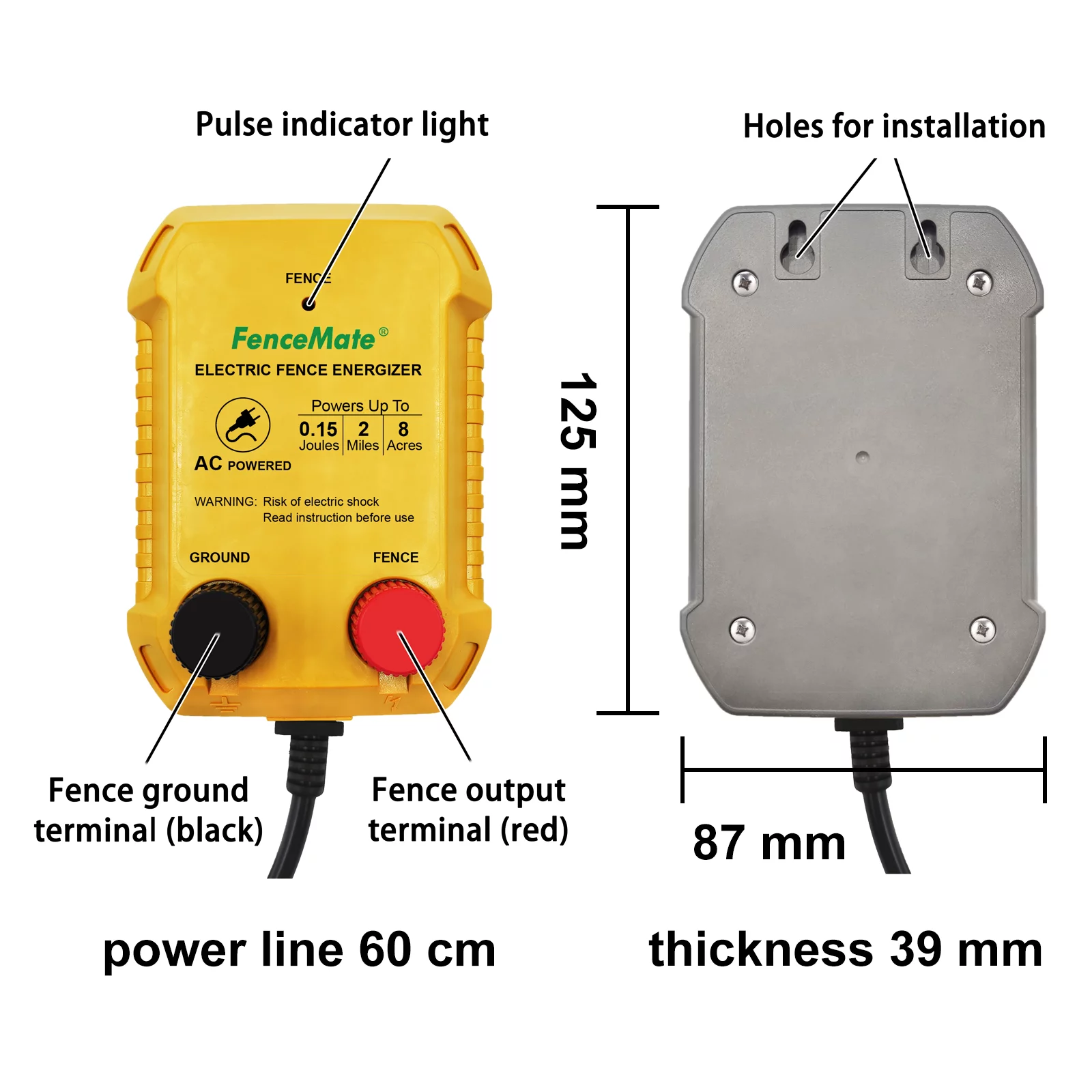 FenceMate AC Powered 2-Miles Electric Fence Charger Output 0.15J Peak 4.5 kV, Low Impedance Fence Energizer to Contain Poultry, Dog,Pet, Hobby Animal