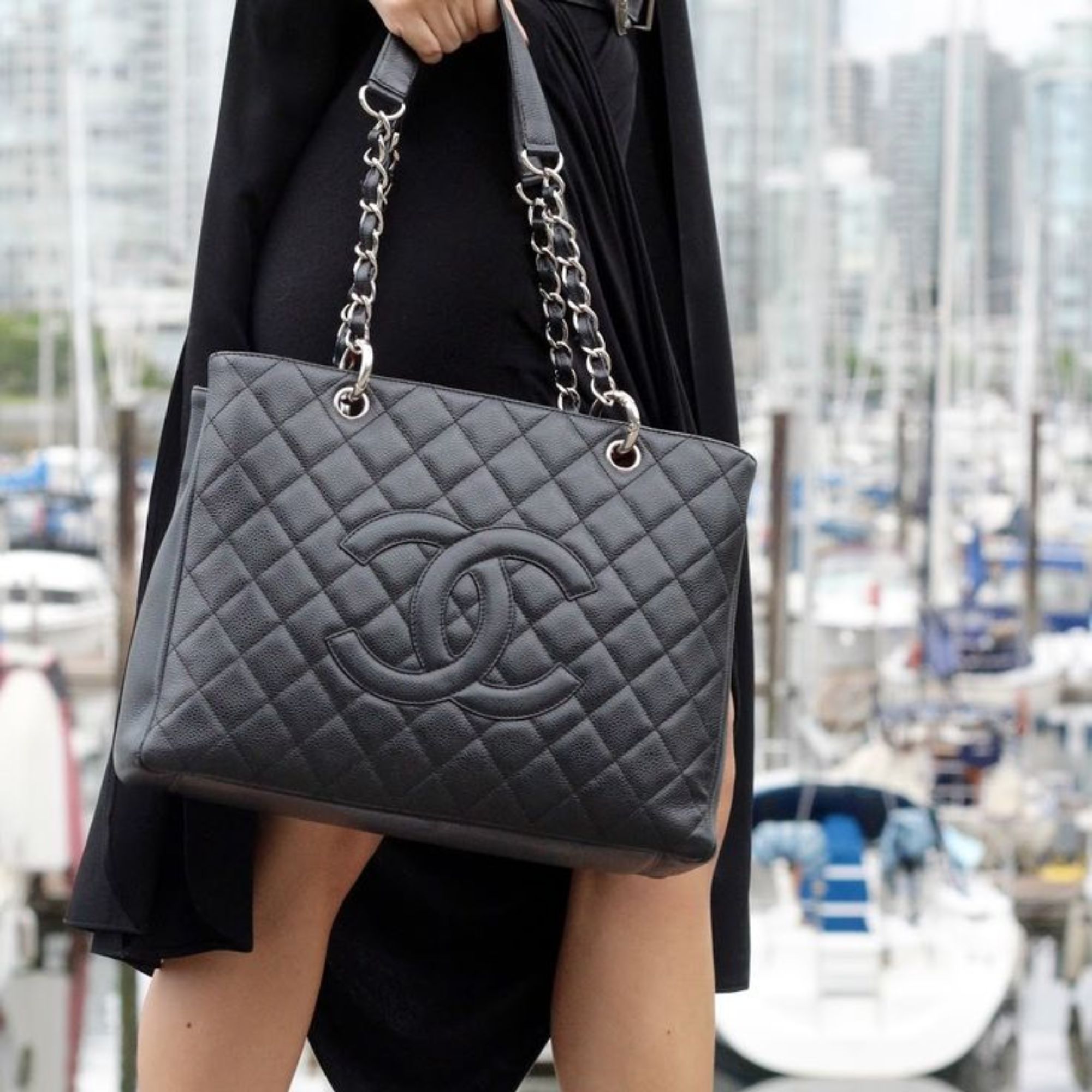 Chanel Classic Tote Bag Silver Hardware Black 34cm