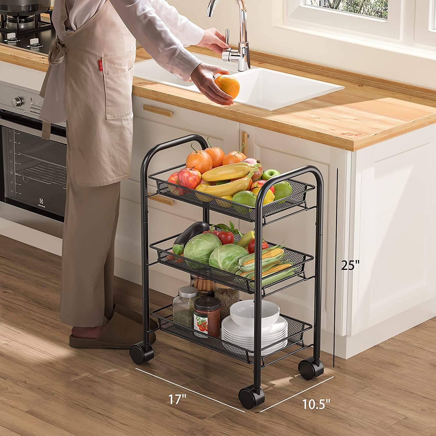 AMERIERGO 3-Tier Rolling Utility Cart Multifunction Metal Storage Cart with 3 Wire Baskets and Lockable Wheels for Home, Office, Kitchen, Bathroom, Bedroom