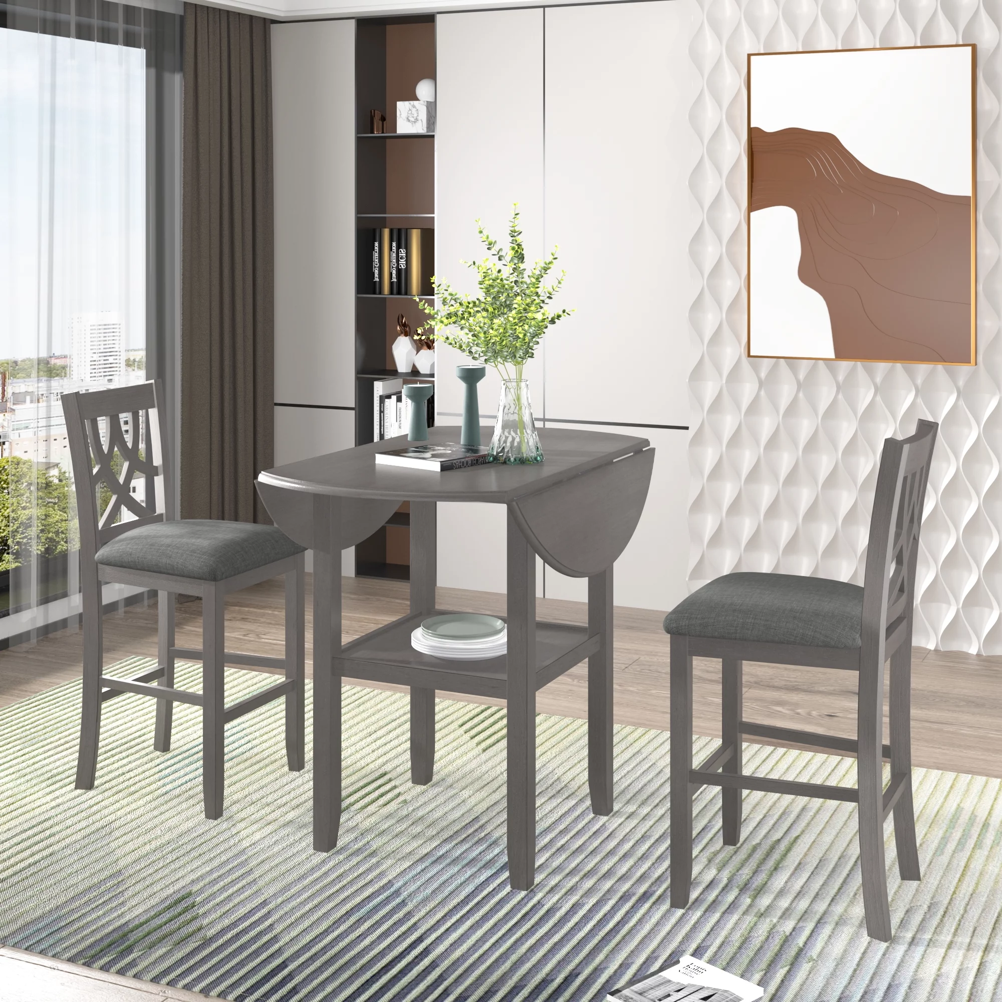 3 Piece Kitchen Nook Dining Table Set, Wooden Drop Leaf Table and 2 Dining Chairs, Counter Height Dining Set with Storage, Gray, D8315