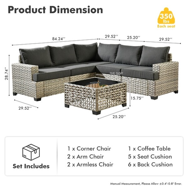 OVIOS 6 Pieces T shaped Seat Wide Armrest Set With SolarPowered Coffee Table