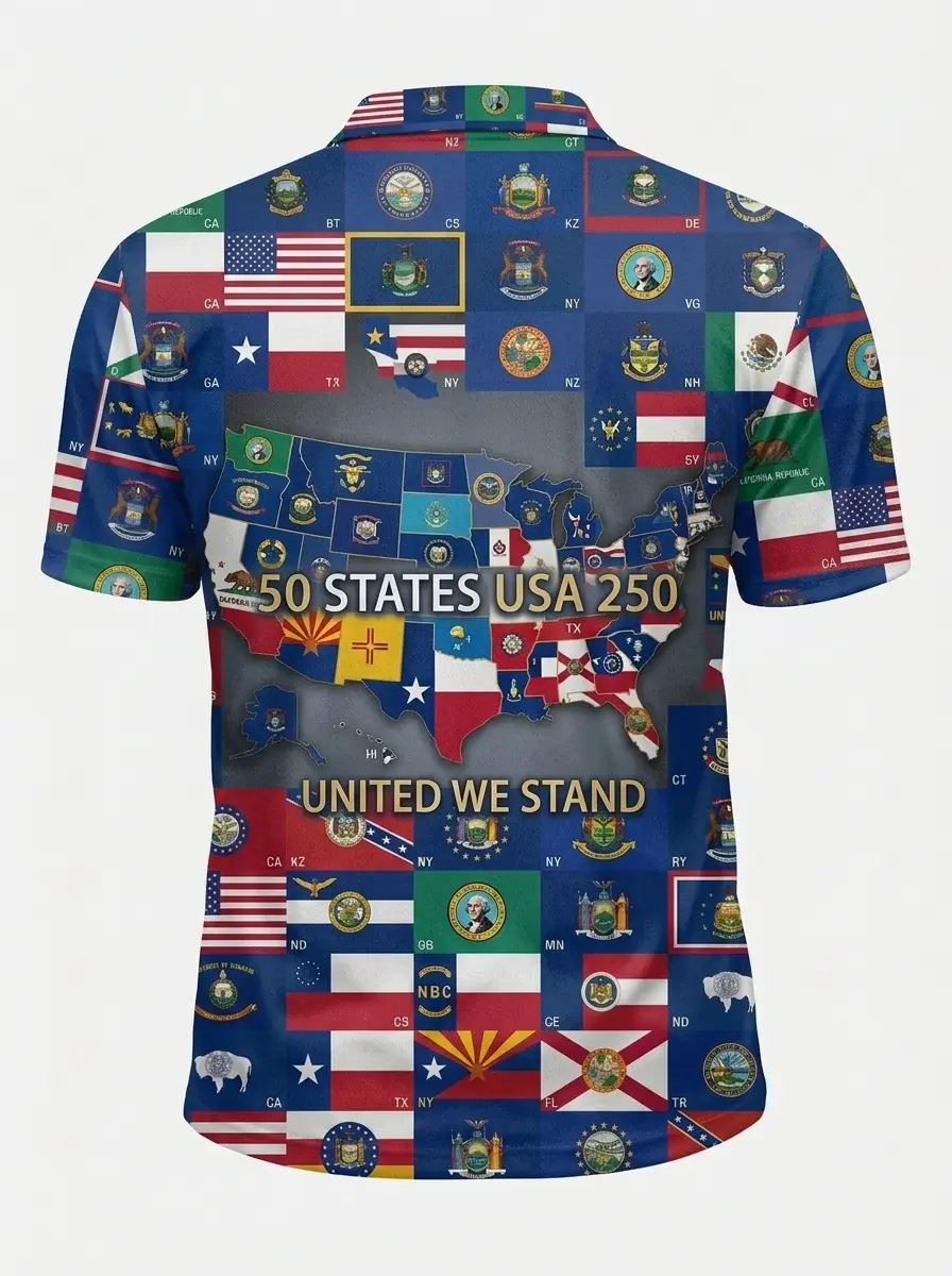Moisture Wicking Golf Polo 3D 50 States United 250 State Flags Map Button Short Sleeve Golf Polo Shirt