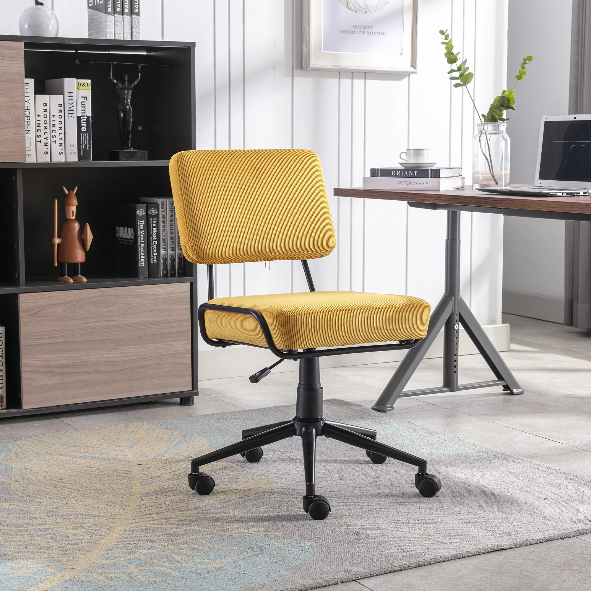 Momspeace Corduroy Desk Chair Task Chair Home Office Chair Adjustable Height, Swivel Rolling Chair with Wheels for Adults Teens Bedroom Study Room-Yellow