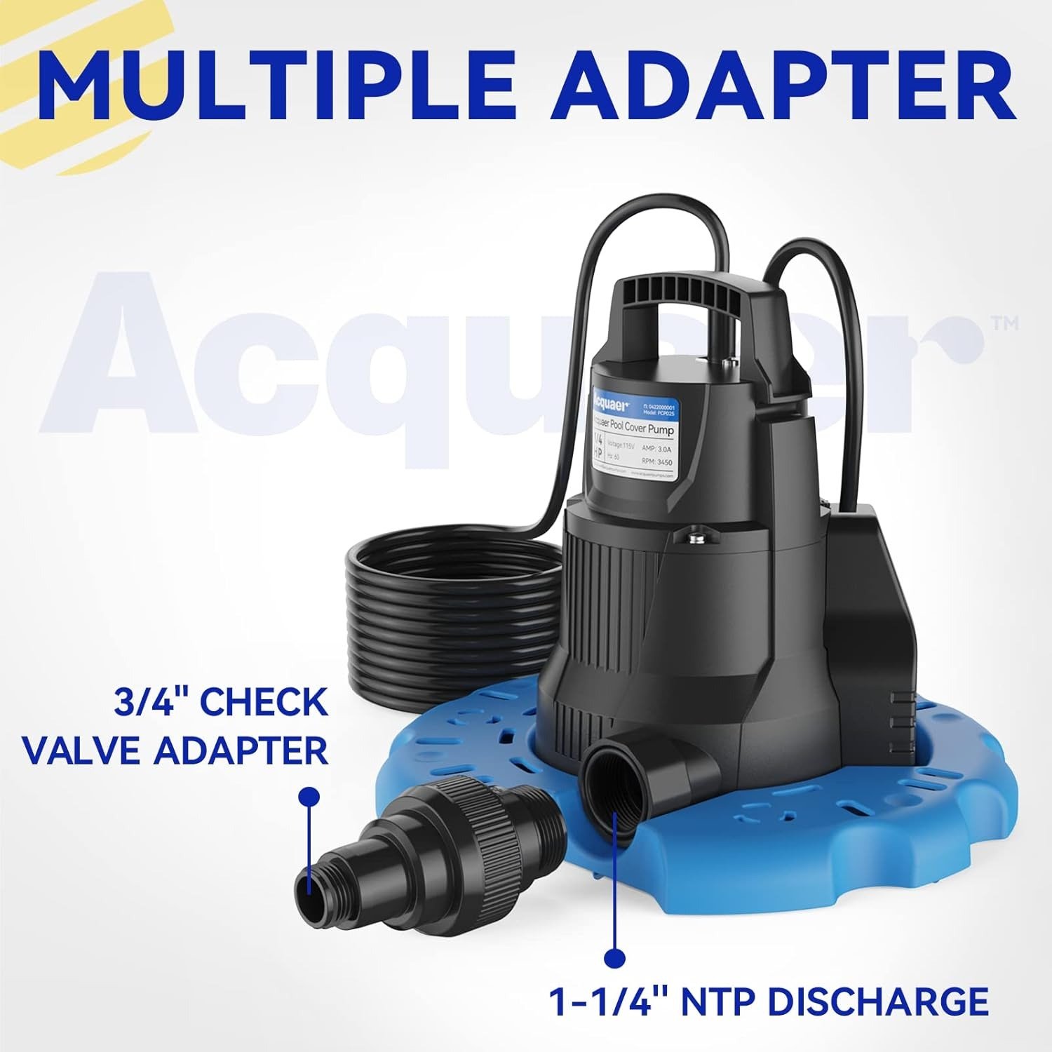 1/4 HP Automatic Swimming Pool Cover Pump, 2250 GPH Submersible Sump Pump with 3/4” Check Valve Adapter & 25ft Power Cord, Water Removal for Pool, Hot Tubs, Rooftops, Water Beds and more