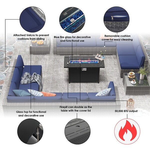 15 Piece Wicker Set Patio Sofa Furniture with Fire Pit And Table