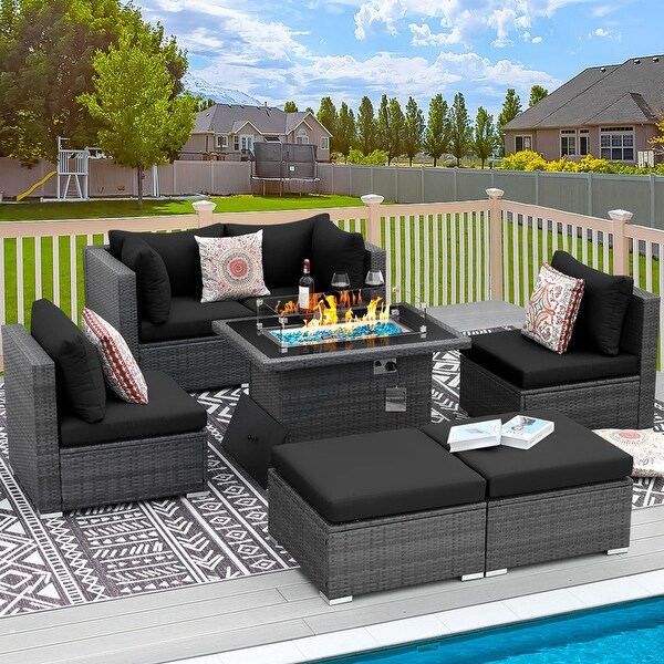 Nicesoul 7 Piece Outdoor Furniture Wicker Sectional Sofa Set with Fire Pit Table