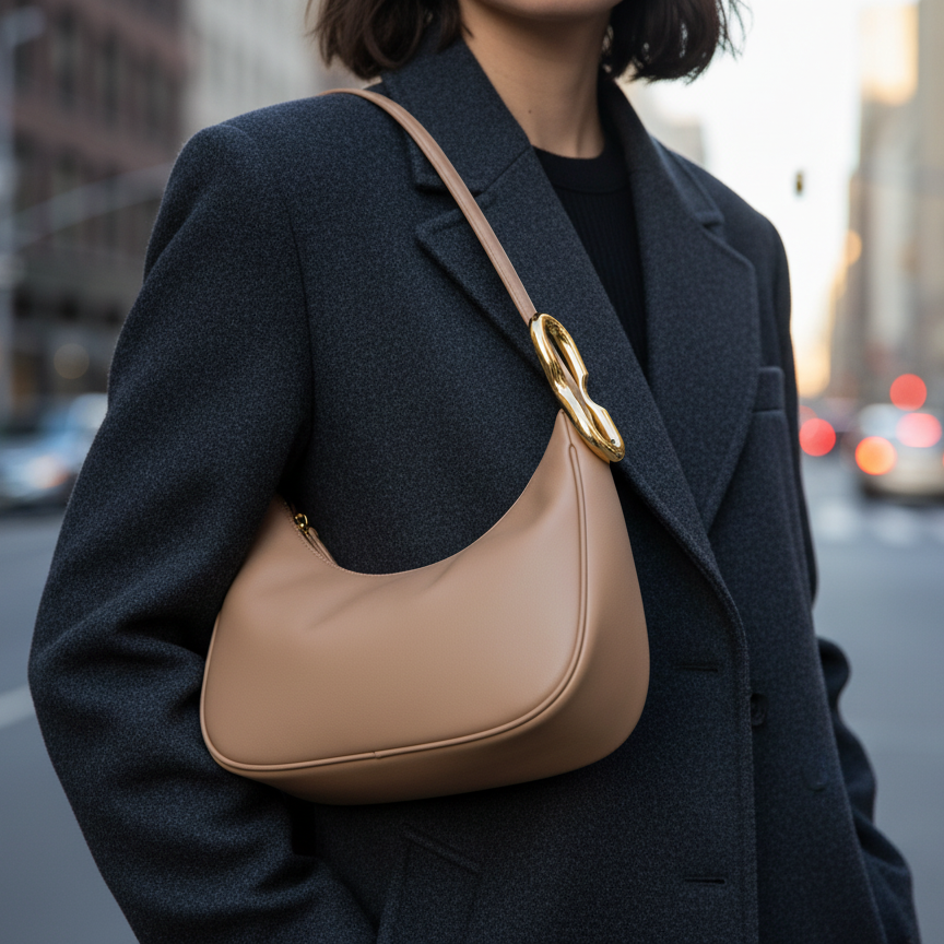 Tan Crescent Hobo Bag with Gold Link Hardware