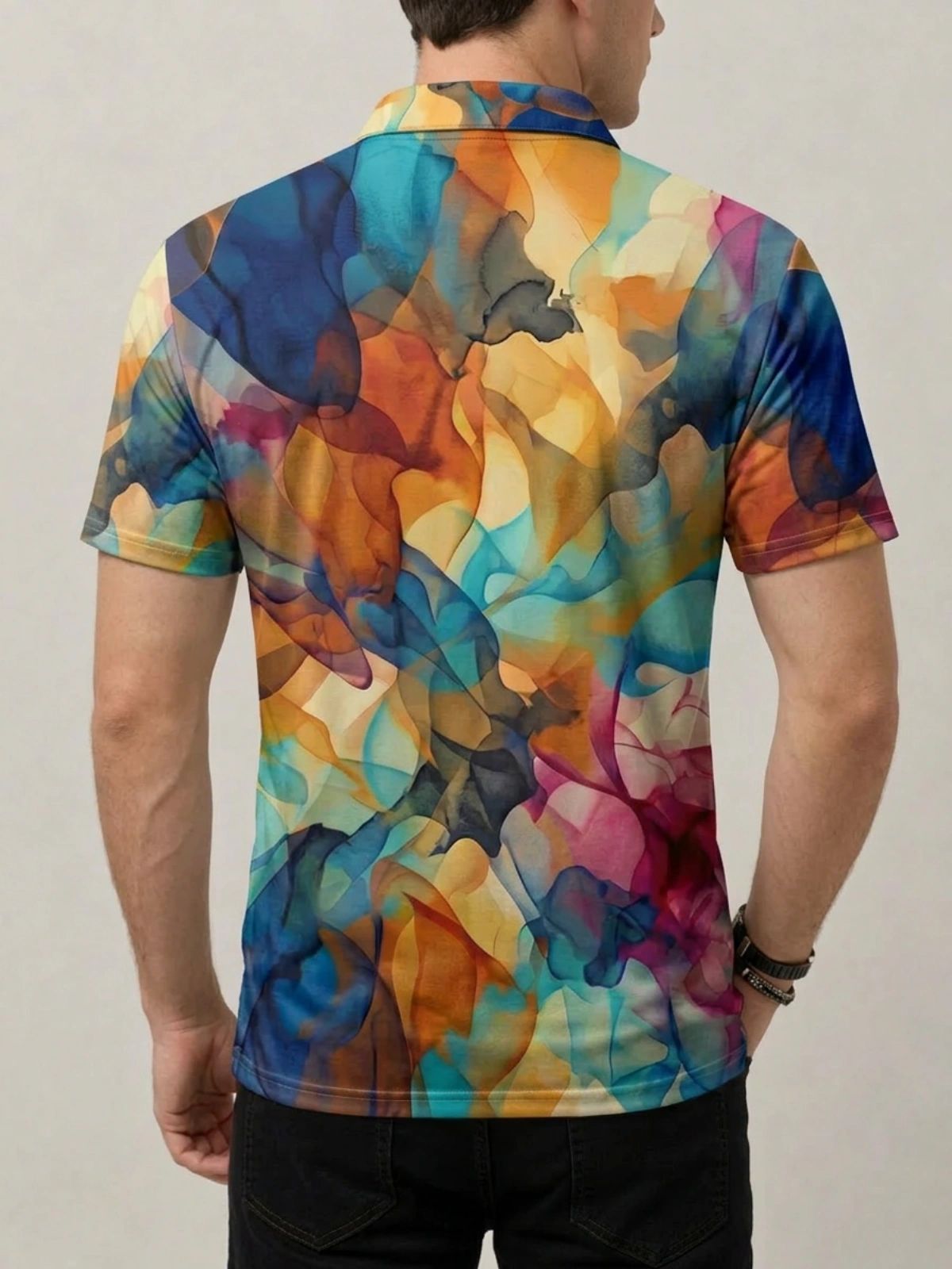 Watercolor Multicolor Abstract Print Short Sleeve Golf Polo Shirt