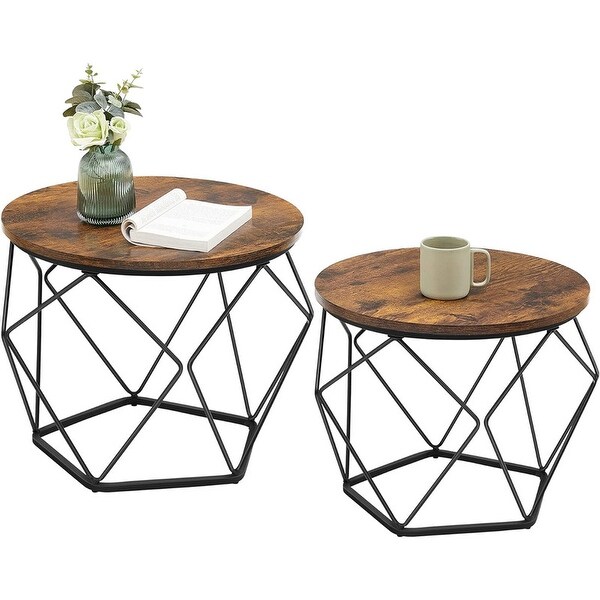 Small Coffee Table Set of 2,Round Coffee Table,Rustic Brown and Black