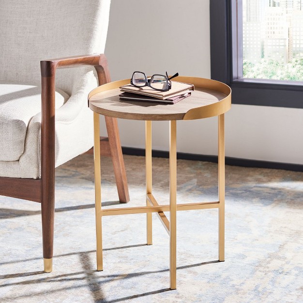 Prague Round Side Table Light Grey Oak gold Safavieh