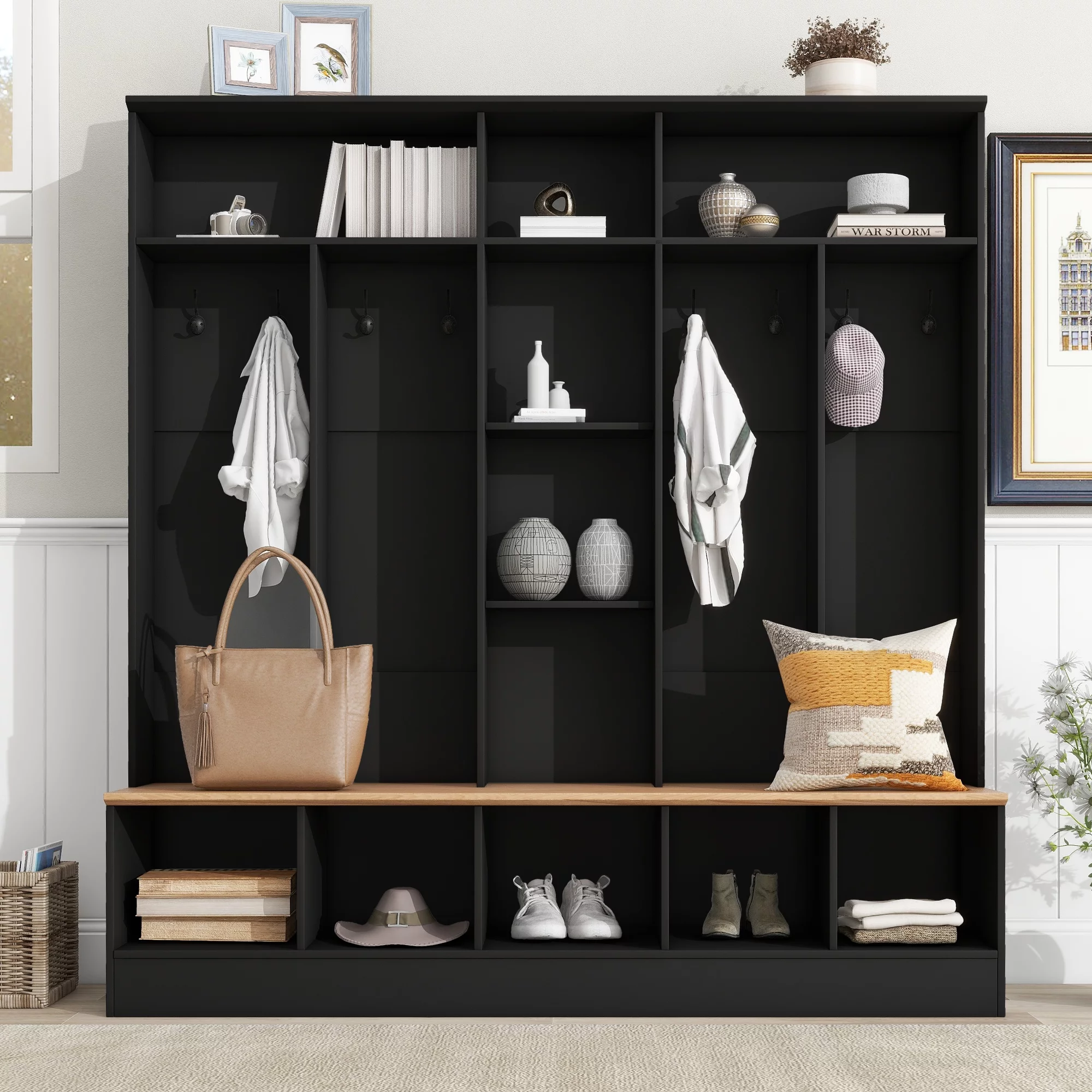 CoSoTower Wide Design Hall Tree with Storage Bench, Minimalist Shoe Cabinet with Cube Storage & Shelves, Multifunctional Coat Rack with 8 Hooks for Entryways, Mudroom, Black