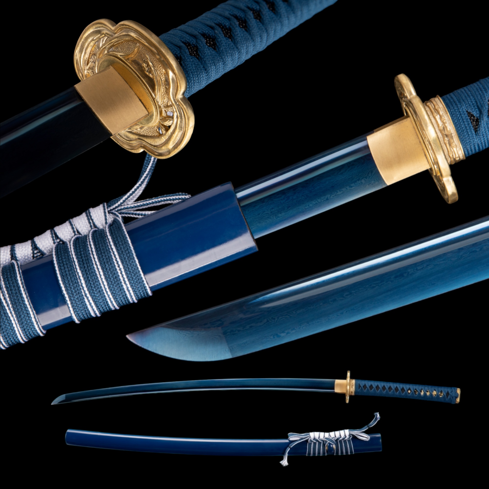 Hand Forged Japanese Samurai Sword Aisei Damascus Blued Full Tang