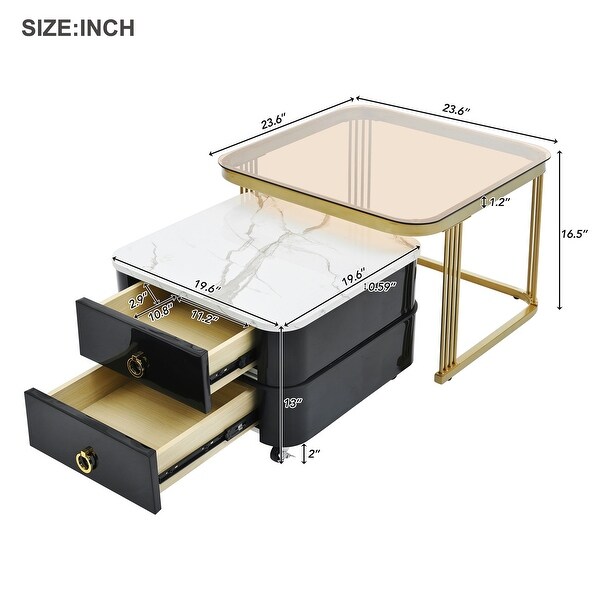 Mieres Stackable Coffee Table,Nesting Tables with Brown Tempered Glass,Wheels and Drawers and High Gloss Marble Grain Top