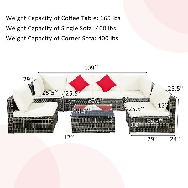 7PCS Patio Rattan Furniture Set Sectional Sofa Garden Cushion