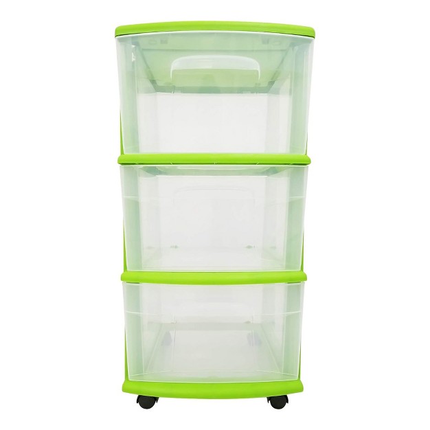 Homz Clear Plastic 3 Drawer Medium Home Organization Storage Container Tower With 3 Large Drawers And Removeable Caster Wheels Lime Green Frame