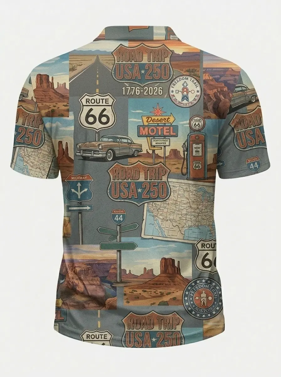 Moisture Wicking Golf Polo 3D Route 66 Road Trip USA 250 Vintage Button Short Sleeve Golf Polo Shirt