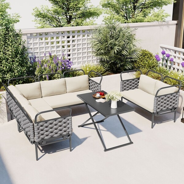 Patio Sectional Sofa Set Woven Rope Furniture Set with Cushions