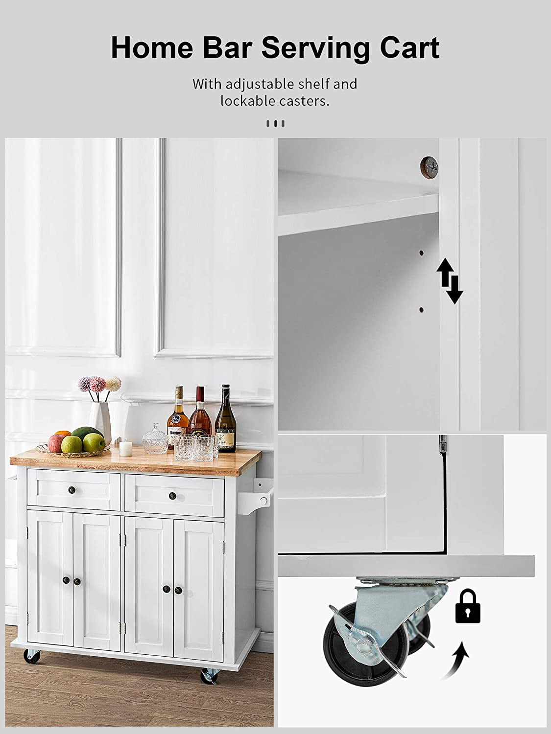 Homfa Kitchen Island Cart on Wheels, Rolling Bar Cart with Storage Cabinet, Rubber Wood Countertop, Lockable Casters, White