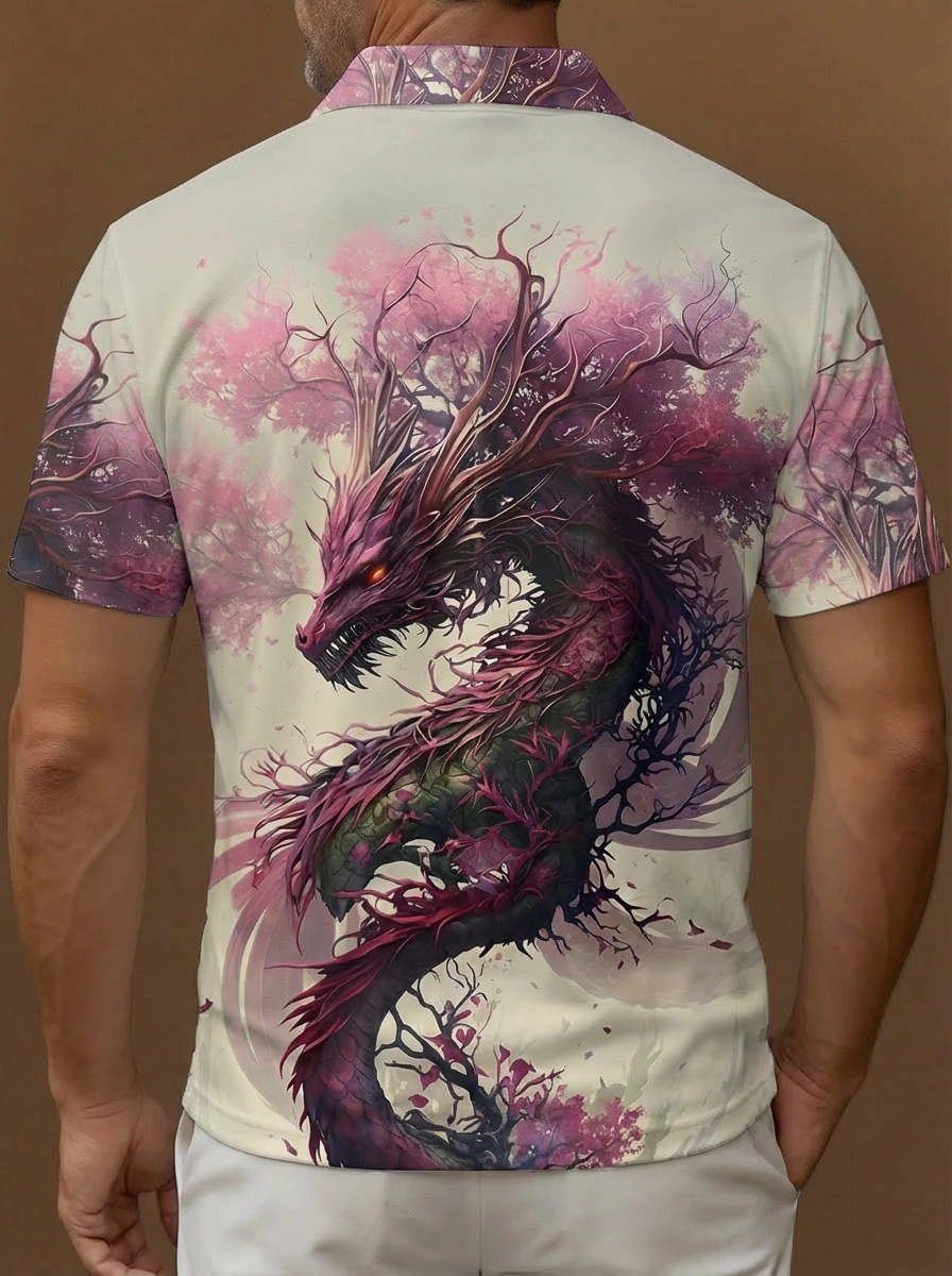 White Pink Purple Cherry Blossom Dragon Pattern Button Short Sleeve Golf Polo Shirt