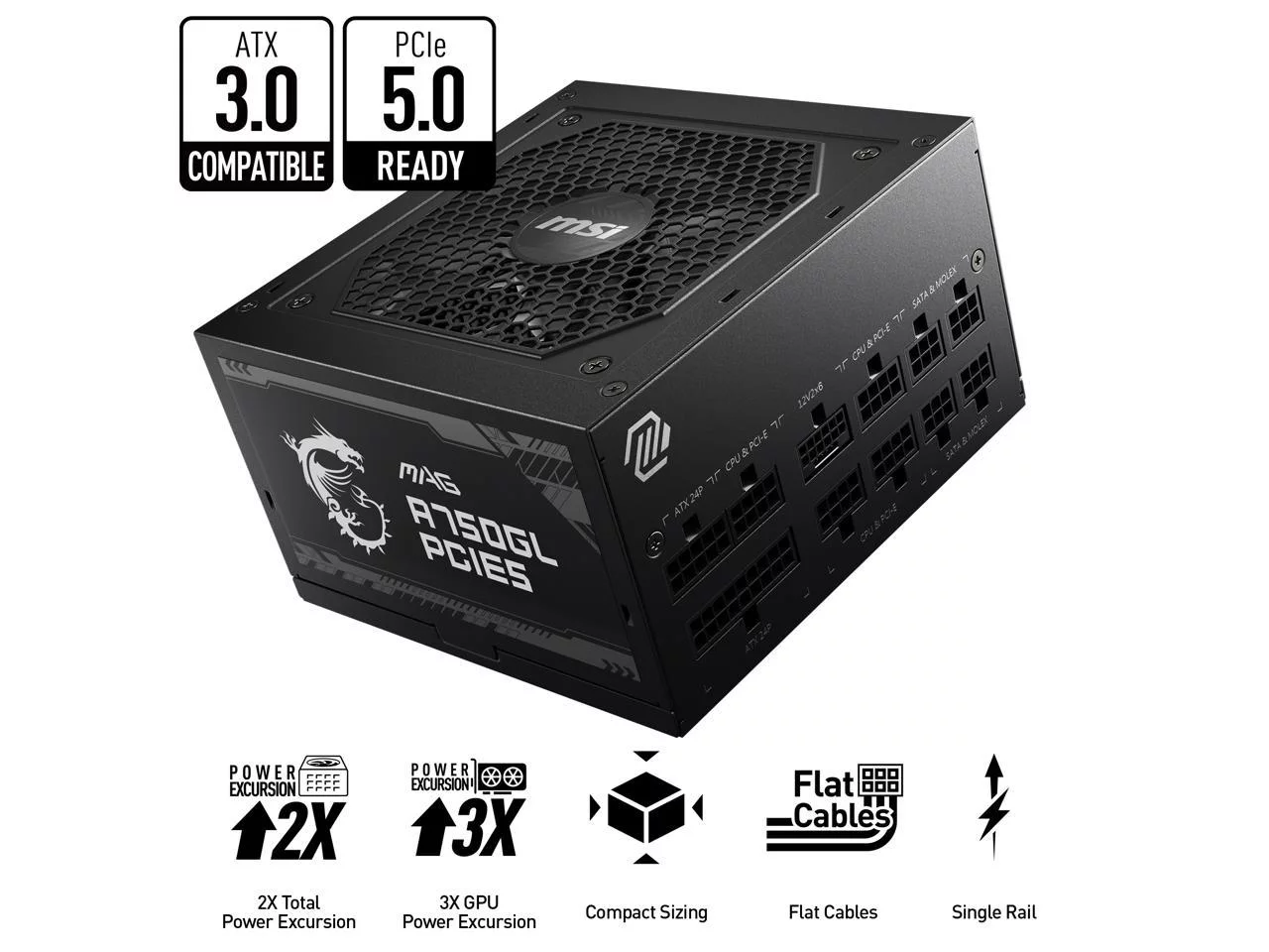 MSI - MAG A750GL PCIE 5.0, 80 GOLD Fully Modular Gaming PSU, 12VHPWR Cable, ATX 3.0 Compatible, 750W Power Supply