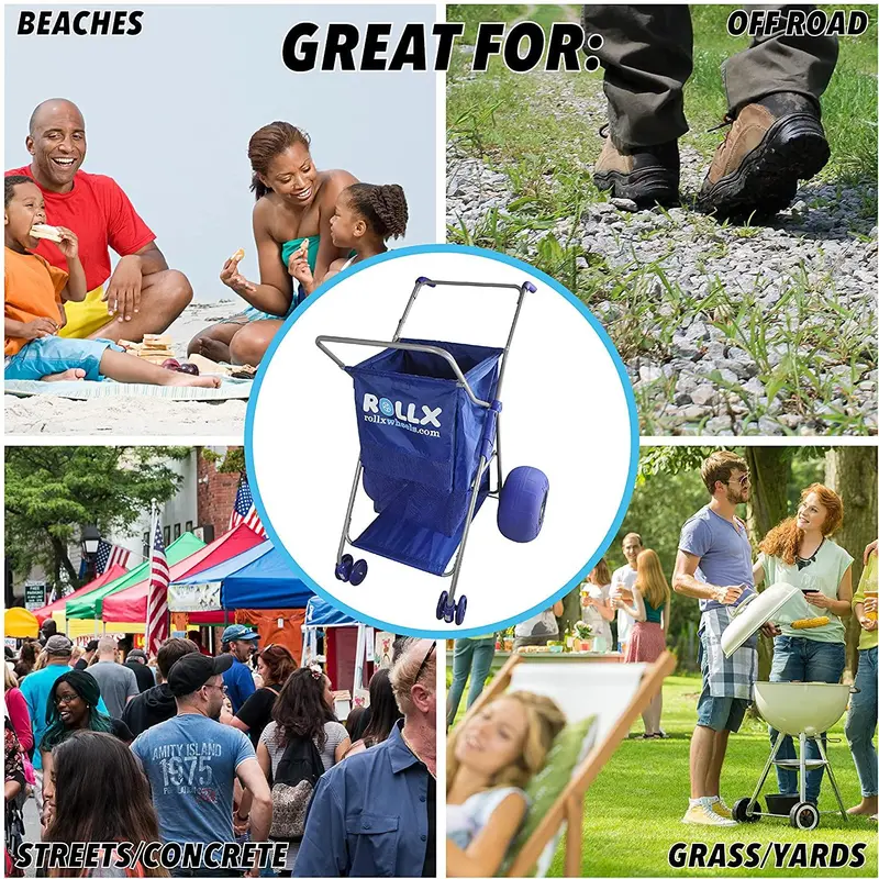 RollX Blue Foldable Beach Cart – 12″ Balloon Tires, Mesh Storage, Umbrella Mount