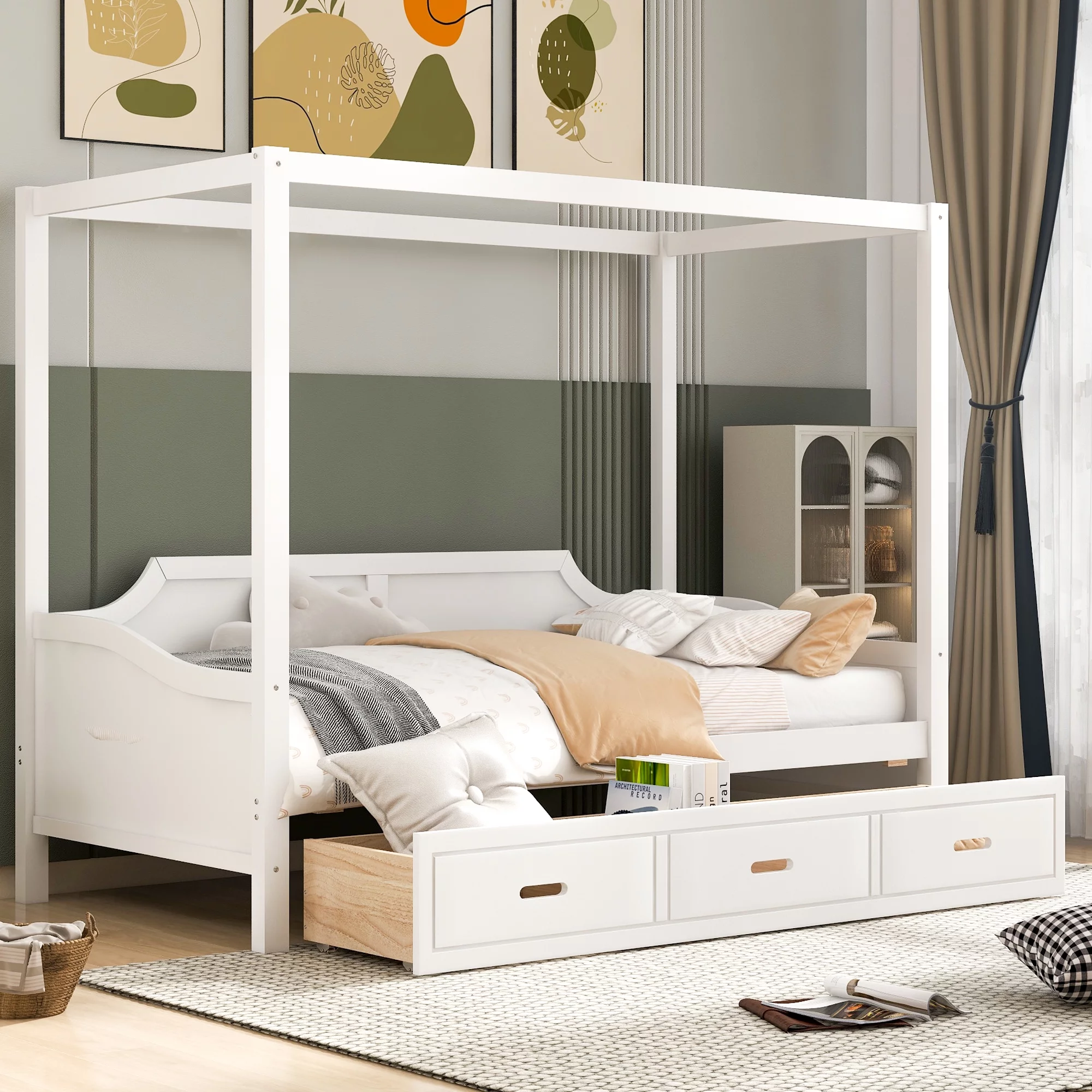 Wooden Tent Canopy Bed with Solid Construction for Toddlers, Twin Size Canopy Daybed with 3 in 1 Drawers for Kids, Wood Floor Bed Frame Bedroom Furniture for Girls Boys(White)