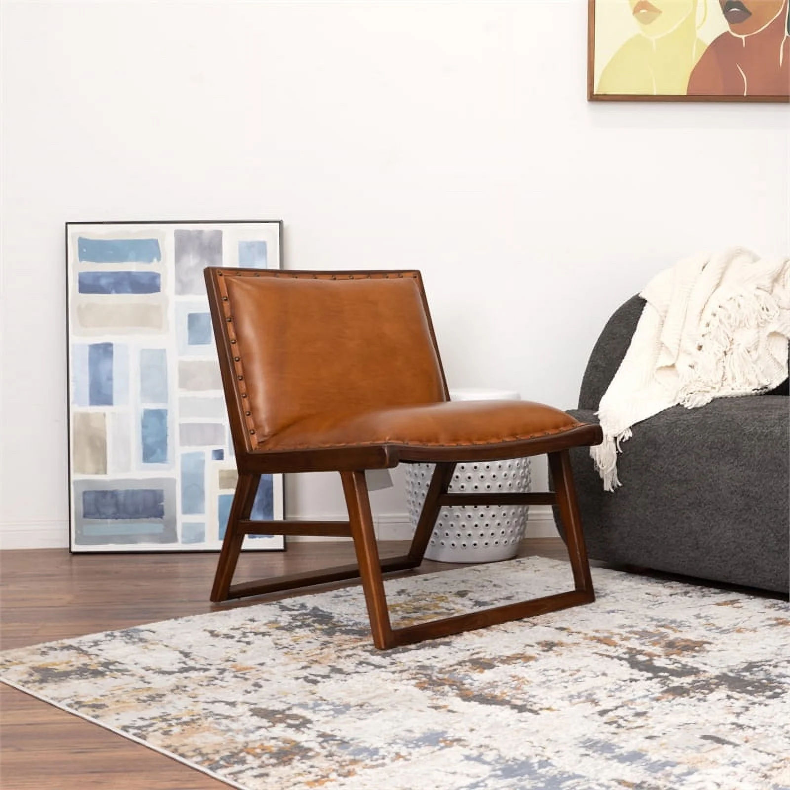 Rohan Mid-Century Modern Tight Back Genuine Leather Lounge Chair in Tan