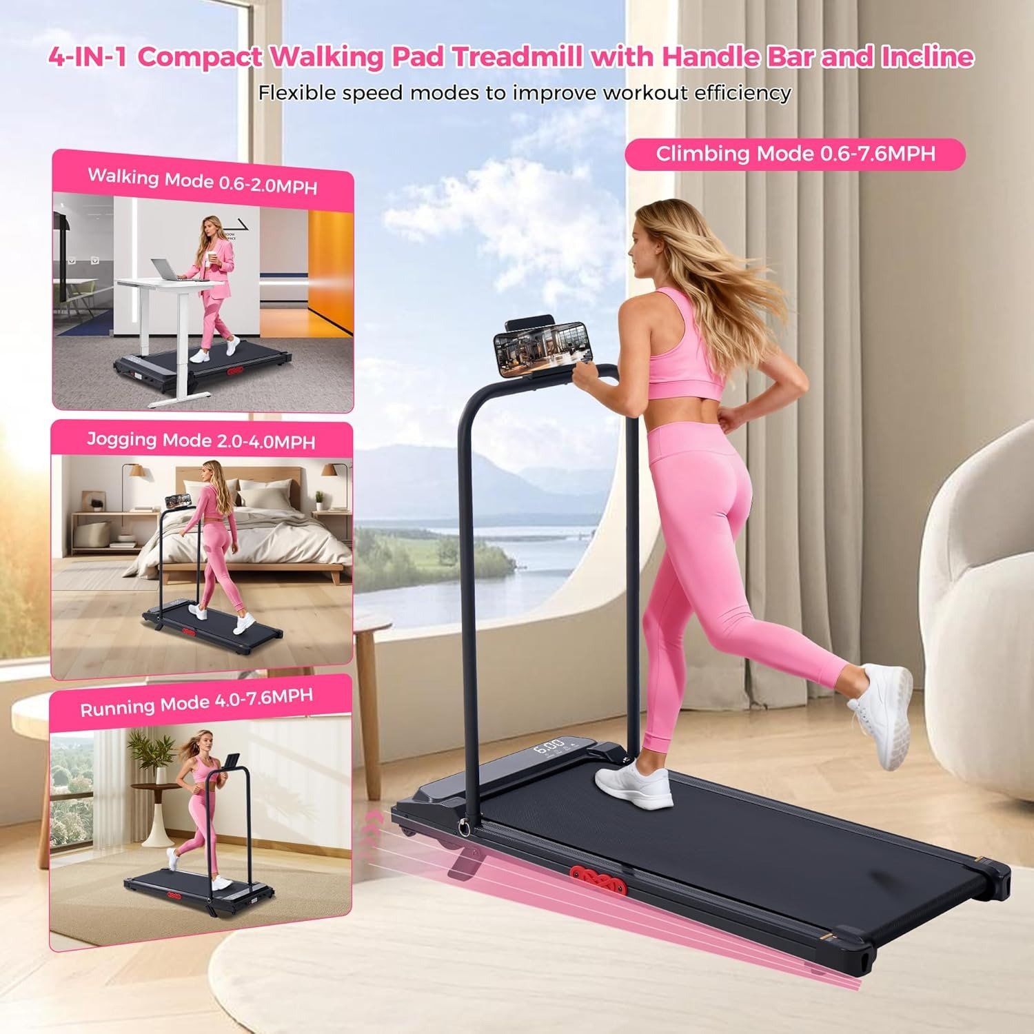 3.0HP Protable Walking Pad Treadmill with Handles and Incine for Home Small, 0.6-7.6MPH, 350LBS