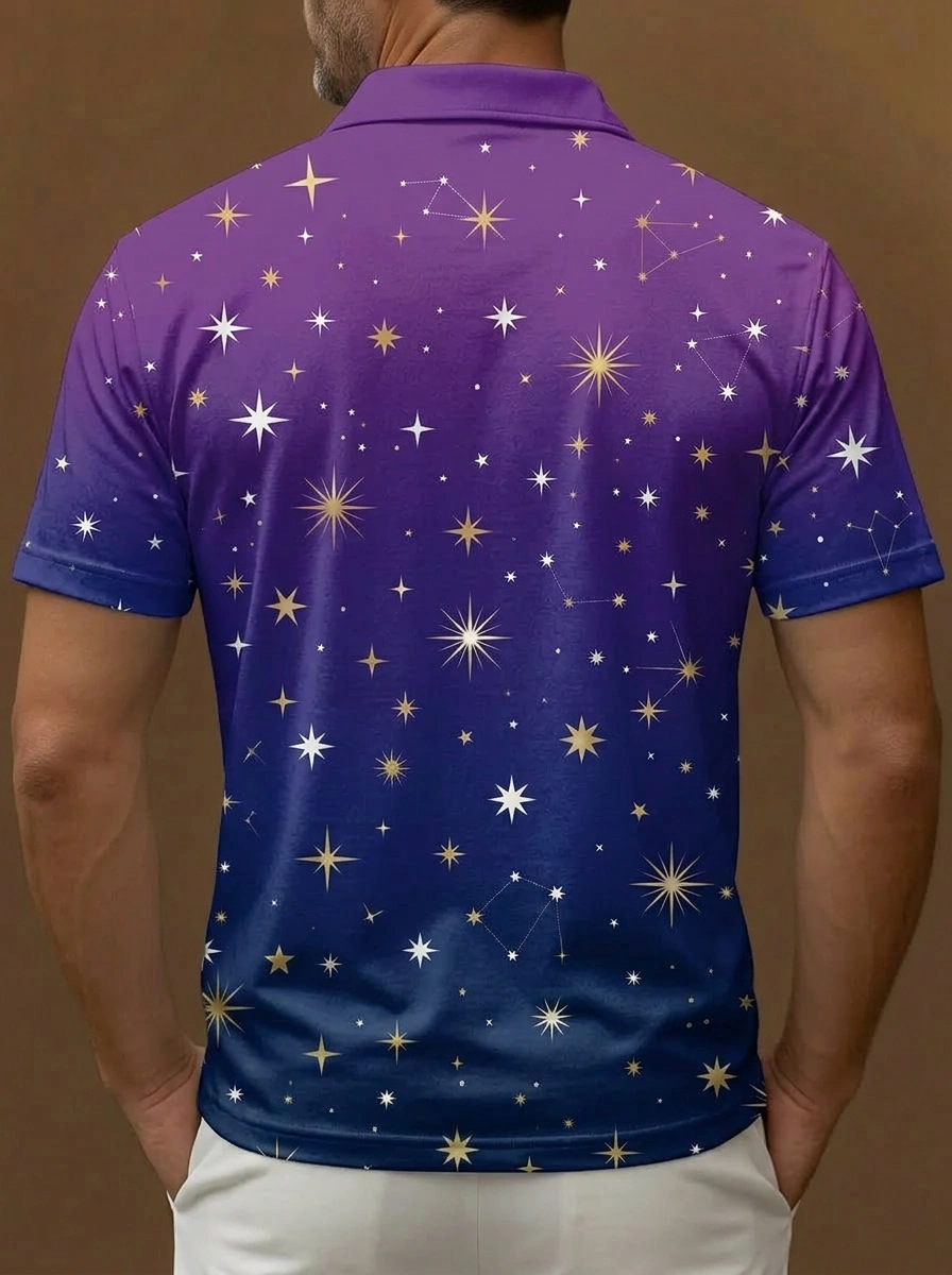 Purple Blue Gradient Star Constellation Print Short Sleeve Golf Polo Shirt