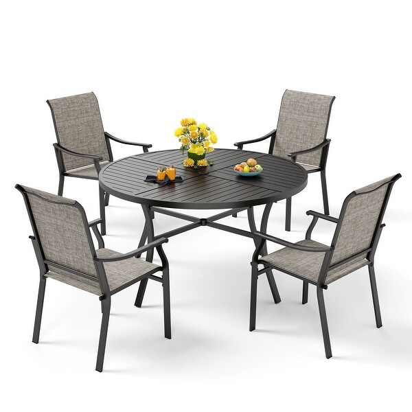 MAISON ARTS 5/7Piece Patio Dining Set,Round Metal Table and 4/6 Textilene Fabric Padded Armchairs