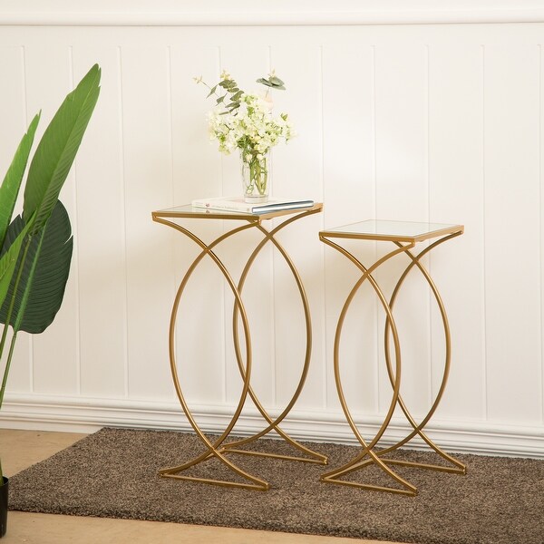 Glitzhome Set of 2 Modern Glam Glass Top Nesting Side Table