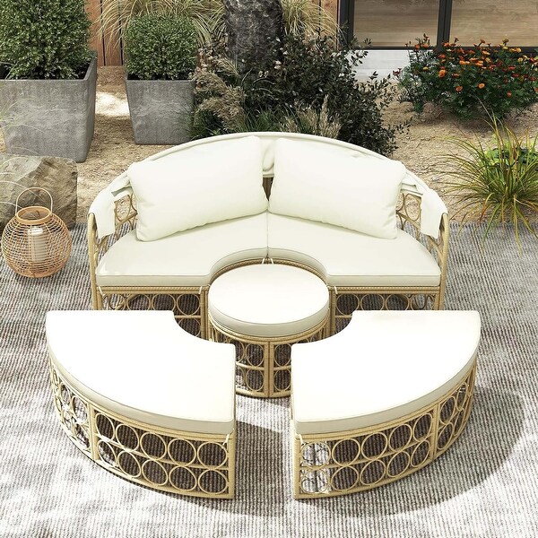 Patio Round Daybed Sectional Seating Furniture W/Retractable Canopy