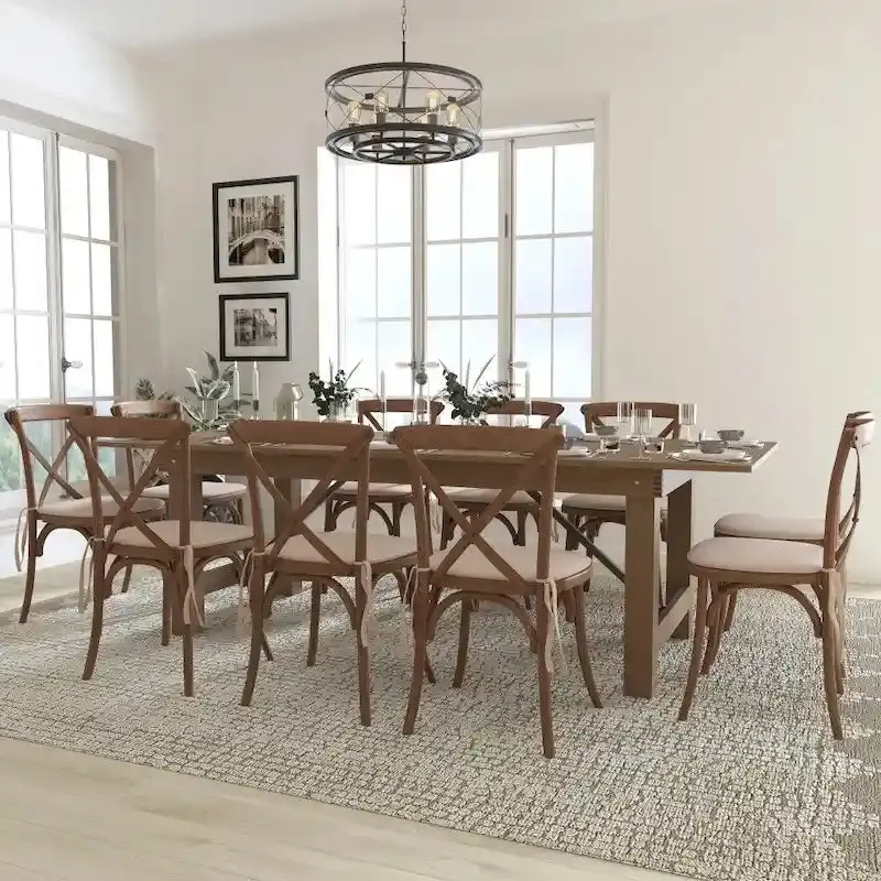 Rustic Farmhouse Folding Table Set – 8′ x 40′ Expandable Dining Table with 10 Crossback Chairs and Seat Cushions
