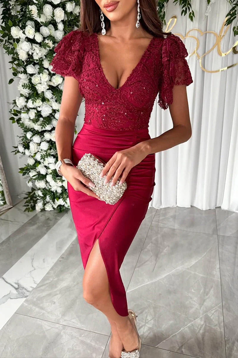 Elegant Sequin Wrap V-Neck Short Sleeve DressClistos